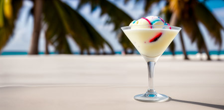 Ice cream cocktail in a tequila glass against the background of a blurred beach and sea with palm trees. Generative AIの素材