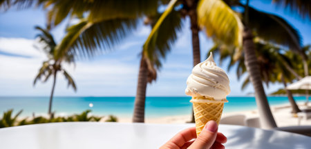 Ice cream in a waffle cup on the background of a blurred beach and sea with palm trees. Generative AIの素材