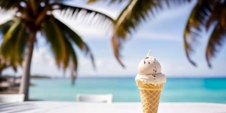 Ice cream on a white table on the beach against the background of a blurred sea with palm trees. Generative AIの素材