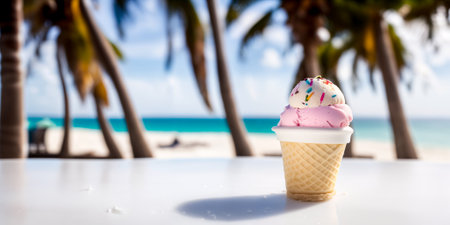 Ice cream on a white table on the beach against the background of a blurred sea with palm trees. Generative AIの素材