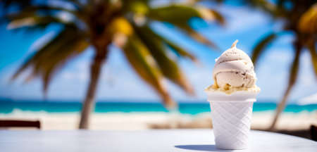 Ice cream on a white table on the beach against the background of a blurred sea with palm trees. Generative AIの素材
