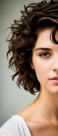 Young beautiful brunette girl with short dark curly or wavy brown hair with a confident gaze in a white dress, indoors close-up. Generative AIの素材