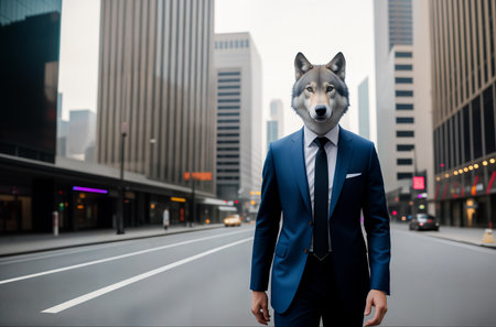 A wolf dressed in a business suit on a man's body against the background of the streets of a big city with skyscrapers. Concept of successful confident businessman. Generative AIの素材