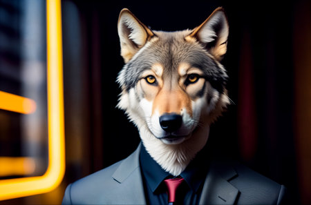 A wolf dressed in a business suit on a man's body indoors. Concept of successful confident businessman. Generative AI