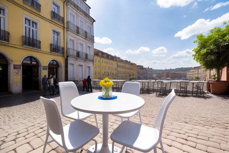 Empty round white restaurant table outside with a view of the old city of Europe. Generative AIの素材