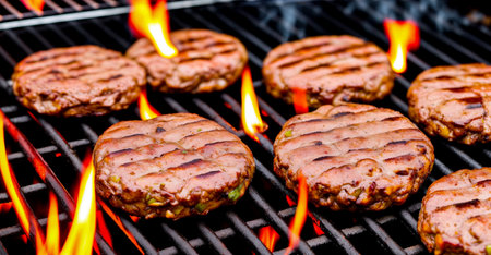 Cooking meat patties for burgers on a flame grill with smoke close-up. The concept of a picnic with a barbecue on a fire in the nature in the forest. Generative AIの素材