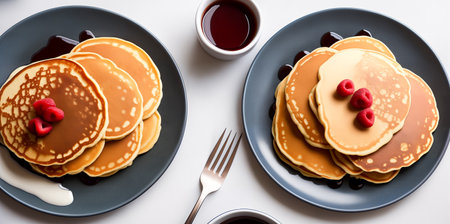 Homemade American pancakes with honey, caramel sauce or syrup with fresh blueberries, raspberries and strawberries on a plate on the table. Summer breakfast concept. Close up, top view. Generative AIの素材