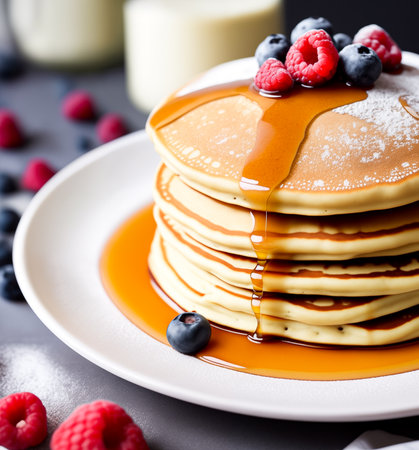 Homemade American pancakes with honey, caramel sauce or syrup with fresh blueberries, raspberries and strawberries on a plate on the table. breakfast concept. Close up, angled side view. Generative AIの素材