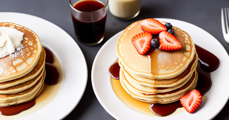 Homemade American pancakes with honey, caramel sauce or syrup with fresh blueberries, raspberries and strawberries on a plate on the table. breakfast concept. Close up, angled side view. Generative AIの素材
