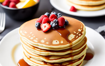 Homemade American pancakes with honey, caramel sauce or syrup with fresh blueberries, raspberries and strawberries on a plate on the table. breakfast concept. Close up, angled side view. Generative AIの素材
