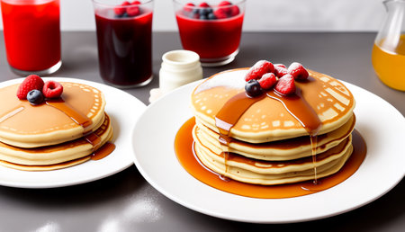 Homemade American pancakes with honey, caramel sauce or syrup with fresh blueberries, raspberries and strawberries on a plate on the table. breakfast concept. Close up, angled side view. Generative AIの素材