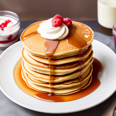 Homemade American pancakes with honey, caramel sauce or syrup with fresh blueberries, raspberries and strawberries on a plate on the table. breakfast concept. Close up, angled side view. Generative AIの素材
