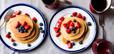 Homemade American pancakes with honey, caramel sauce or syrup with fresh blueberries, raspberries and strawberries on a plate on the table. Summer breakfast concept. Close up, top view. Generative AIの素材
