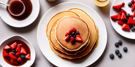 Homemade American pancakes with honey, caramel sauce or syrup with fresh blueberries, raspberries and strawberries on a plate on the table. Summer breakfast concept. Close up, top view. Generative AIの素材