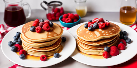 Homemade American pancakes with honey, caramel sauce or syrup with fresh blueberries, raspberries and strawberries on a plate on the table. breakfast concept. Close up, angled side view. Generative AIの素材