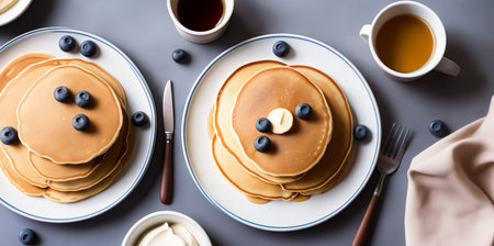 Homemade American pancakes with honey, caramel sauce or syrup with fresh blueberries, raspberries and strawberries on a plate on the table. Summer breakfast concept. Close up, top view. Generative AIの素材