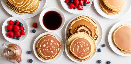 Homemade American pancakes with honey, caramel sauce or syrup with fresh blueberries, raspberries and strawberries on a plate on the table. Summer breakfast concept. Close up, top view. Generative AIの素材