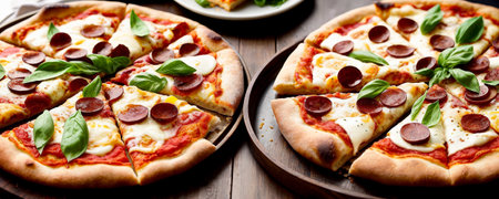 Sliced pizza with salami pepperoni sausage, mozzarella cheese, basil and tomato sauce on dark gray background - traditional Italian food close-up with angle view. Generative AIの素材
