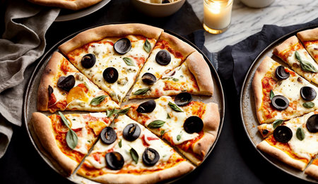 Sliced pizza with salami pepperoni sausage, mozzarella cheese, basil and tomato sauce on dark gray background - traditional Italian food close-up with top view. Generative AIの素材