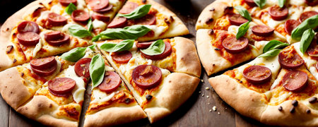 Sliced pizza with salami pepperoni sausage, mozzarella cheese, basil and tomato sauce on dark gray background - traditional Italian food close-up with angle view. Generative AIの素材