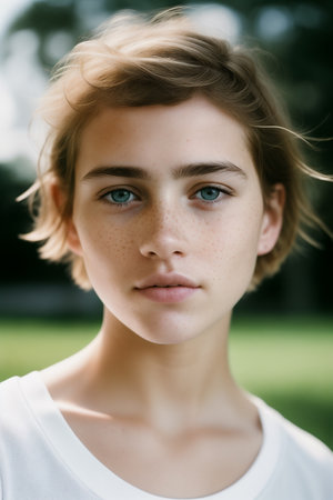Portrait of a beautiful young cute freckled girl with short messy hair with blue eyes wearing a white t-shirt outdoors. Generative AIの素材