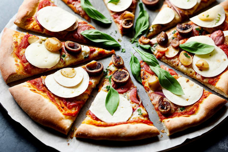 Sliced pizza with salami pepperoni sausage, mozzarella cheese, basil and tomato sauce on dark gray background - traditional Italian food close-up with angle view. Generative AIの素材