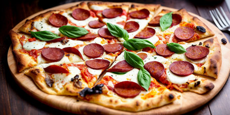 Sliced pizza with salami pepperoni sausage, mozzarella cheese, basil and tomato sauce on dark gray background - traditional Italian food close-up with angle view. Generative AIの素材