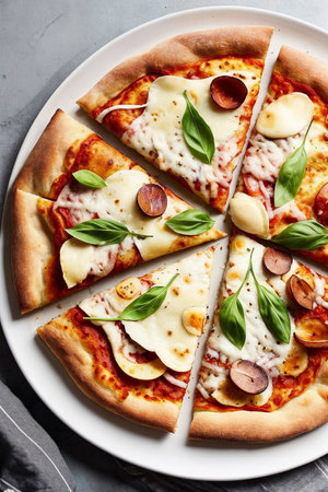 Sliced pizza with salami pepperoni sausage, mozzarella cheese, basil and tomato sauce on dark gray background - traditional Italian food close-up with top view. Generative AIの素材