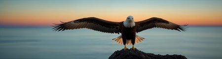 Eagle flies with spread wings and hunts prey against sky and sea background at sunset or dawnの素材