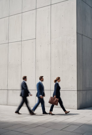 Business people, businessmen and businesswomen are walking on the background of a concrete gray wall, blurred in motion. The concept of the modern fast pace of life at work in the officeの素材