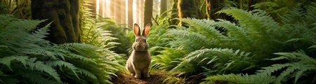 A wild hare or rabbit sits among the ferns in the forest at sunset in the rays of the sun. Copy spaceの素材