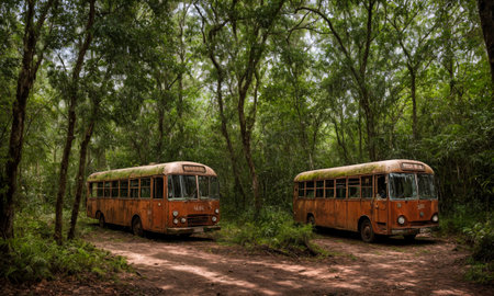 Two old rusty abandoned wrecked buses in a remote forest or jungle on a sunny day. The concept of the apocalypse or how nature takes over humanityの素材