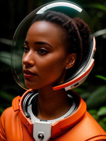 Futuristic woman astronaut in spacesuit and white-orange helmet in dense forest. Close upの素材
