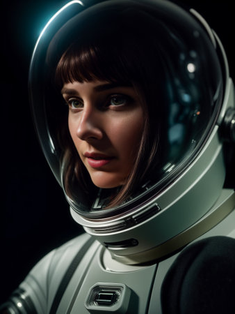 Futuristic woman astronaut in spacesuit and white helmet. Close upの素材