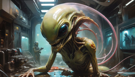 An ugly humanoid or alien in a room with a gloomy atmosphere. Science fiction in yellow-green-turquoise colors, close-upの素材