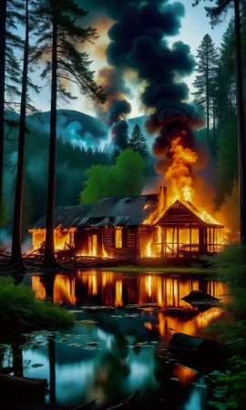 A fire in the forest, where an old wooden house on the shore of a lake or pond is also burning. The concept of careless handling of fireの素材