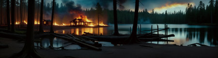 A fire in the forest, where an old wooden house on the shore of a lake or pond is also burning. The concept of careless handling of fireの素材