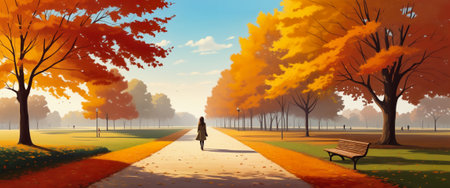 A woman walks along an alley with benches in an empty autumn park in the city with orange-yellow leaves on the trees and the ground. Copy space for advertising textの素材
