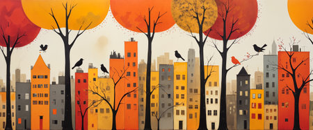 A picture of an autumn cityscape with colorful tall buildings and skyscrapers, whimsical trees and birds. The picture seems to be painted with paints in the style of surrealismの素材