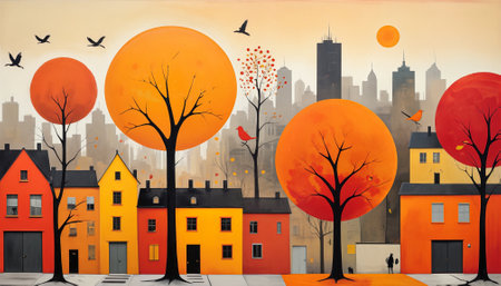 A picture of an autumn cityscape with colorful tall buildings and skyscrapers, whimsical trees and birds. The picture seems to be painted with paints in the style of surrealismの素材