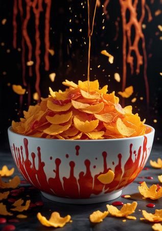 A Halloween breakfast or dinner of cornflakes in a bowl with something red to hint at blood. Close-up, side viewの素材