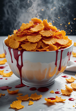 A Halloween breakfast or dinner of cornflakes in a bowl with something red to hint at blood. Close-up, side viewの素材