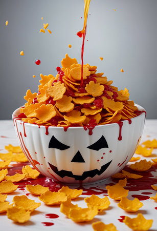 A Halloween breakfast or dinner of cornflakes in a bowl with something red hinting at blood in the shape or form of a carved pumpkin with a sinister smiley face. Close-up, side viewの素材