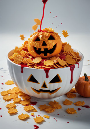 A Halloween breakfast or dinner of cornflakes in a bowl with something red hinting at blood in the shape or form of a carved pumpkin with a sinister smiley face. Close-up, side viewの素材