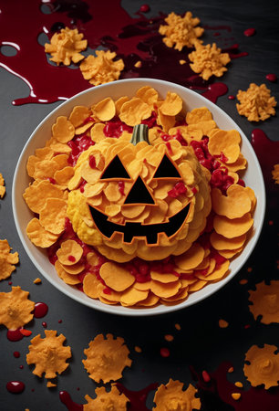 A Halloween breakfast or dinner of cornflakes in a bowl with something red hinting at blood in the shape or form of a carved pumpkin with a sinister smiley face. Close-up, top viewの素材