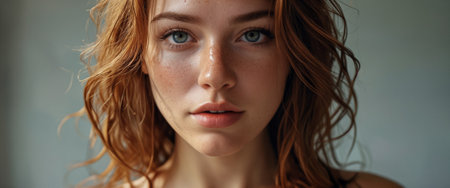 Sexy young girl or woman with long red wavy hair with freckles on well-groomed face with open mouth with full lips. Close-up portraitの素材