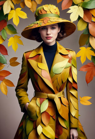Stylish elegant young woman or adult girl in vintage retro style hat and coat made of autumn colored leavesの素材