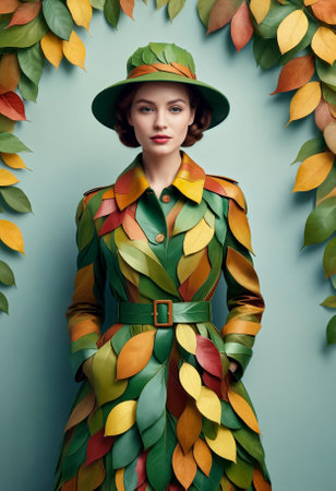 Stylish elegant young woman or adult girl in vintage retro style hat and coat made of autumn colored leavesの素材