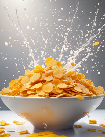 A pile of yellow-orange corn flakes in a deep white bowl stand on a table into which milk is poured from a height, creating splashes and flying flakes on a light gray background. Close-up, side viewの素材