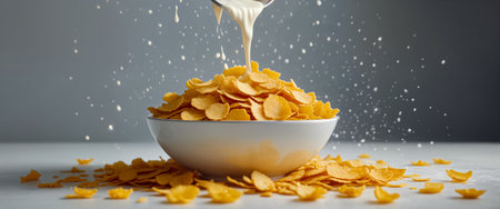 A pile of yellow-orange corn flakes in a deep white bowl stand on a table into which milk is poured from a height, creating splashes and flying flakes on a light gray background. Close-up, side viewの素材